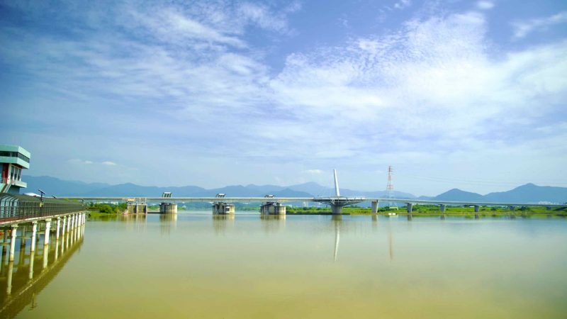 A picture of Gangjeong Goryeong Weir (강정고령보) along the Nakdong River in Daegu, South Korea.