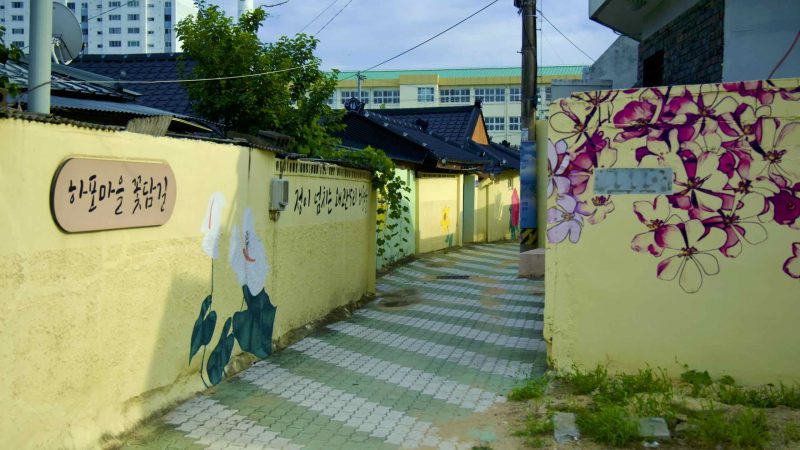 A picture of a mural decorated sidestreet in Waegwan Town (왜관읍) near the Nakdonggang Bike Path.