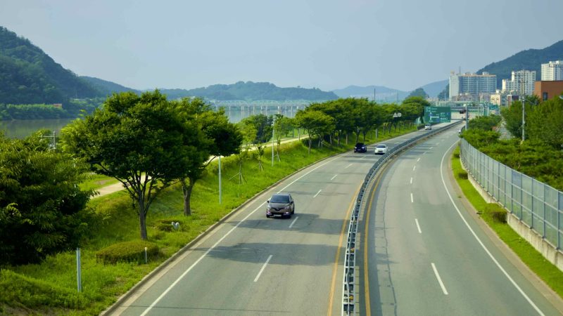 A picture of a riverside road in Waegwan town (왜관읍) near the Nakdonggang Bike Path.