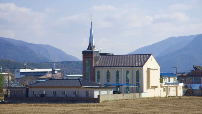 A picture of Dogae Central Church (도개중앙교회) along the Nakdonggang Bike Path in Gumi City, South Korea.