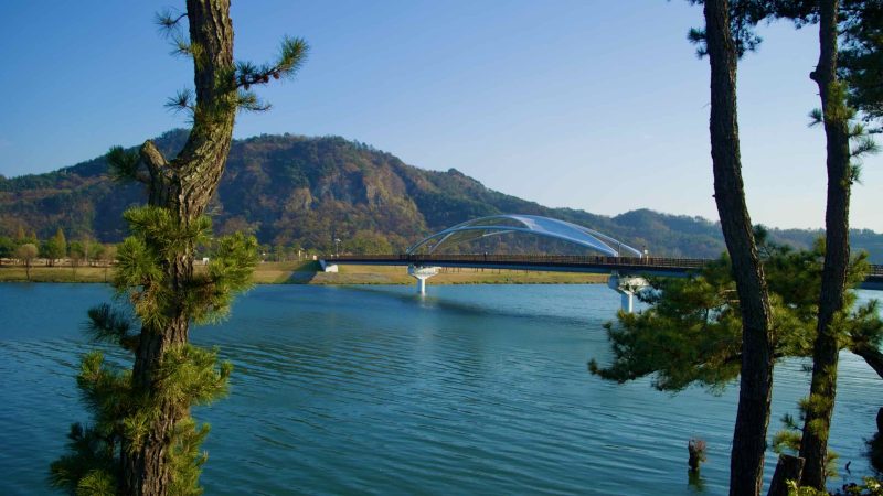 A picture of Gyeongcheon Bridge leading to Gyeongcheon Island Park near Sangju City, South Korea.