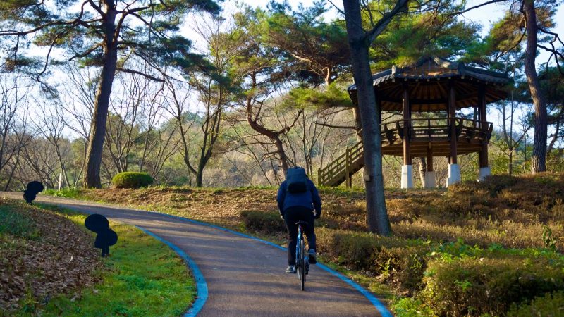 A picture of Gyeongcheondae Terrace (경천대) along the Nakdong River in Sangju City, South Korea.