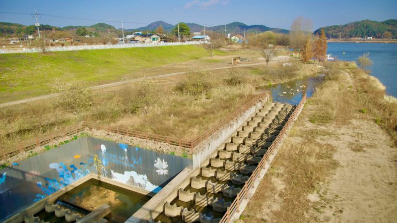 Nakdan Weir on the Nakdong River, showcasing a fusion of contemporary design and historical elements.