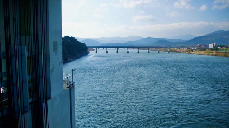 Nakdan Weir on the Nakdong River, showcasing a fusion of contemporary design and historical elements.