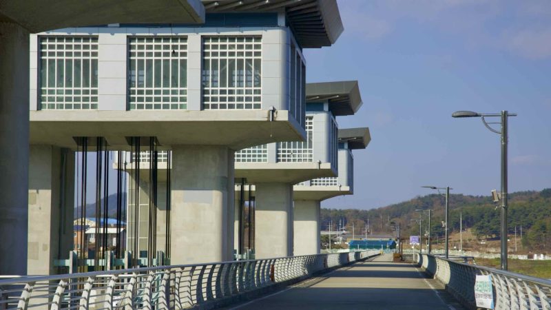 Nakdan Weir on the Nakdong River, showcasing a fusion of contemporary design and historical elements.