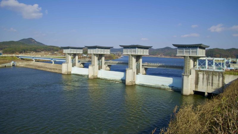 Nakdan Weir on the Nakdong River, showcasing a fusion of contemporary design and historical elements.