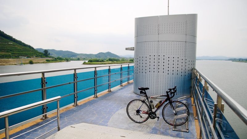 A picture of Changnyeong Haman Weir (창녕함안보) on the Nakdong River from the Nakdonggang Bike Path.
