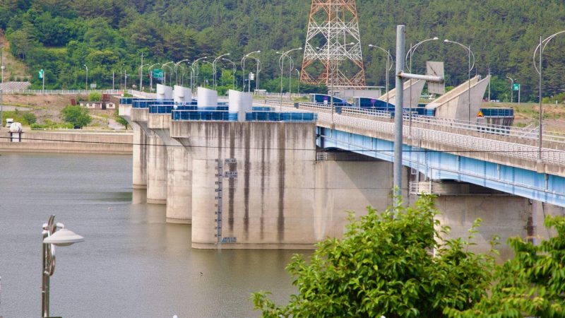A picture of Changnyeong Haman Weir (창녕함안보) on the Nakdong River from the Nakdonggang Bike Path.
