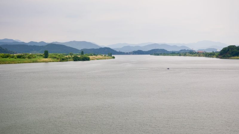 A picture of Changnyeong Haman Weir (창녕함안보) on the Nakdong River from the Nakdonggang Bike Path.