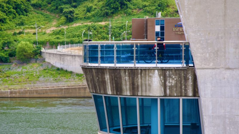 A picture of Changnyeong Haman Weir (창녕함안보) on the Nakdong River from the Nakdonggang Bike Path.