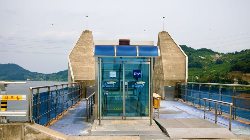 A picture of Changnyeong Haman Weir (창녕함안보) on the Nakdong River from the Nakdonggang Bike Path.