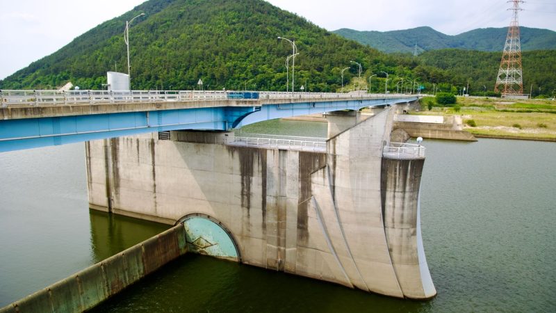 A picture of Changnyeong Haman Weir (창녕함안보) on the Nakdong River from the Nakdonggang Bike Path.