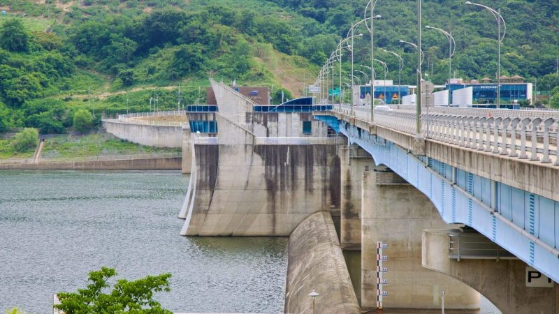 A picture of Changnyeong Haman Weir (창녕함안보) on the Nakdong River from the Nakdonggang Bike Path.