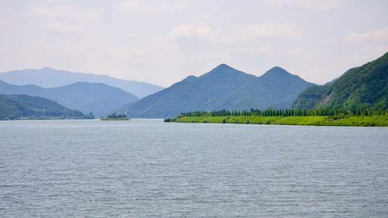 A picture of the Nakdong River (낙동강) from Gayajinsa Temple (가야진사) on the Nakdonggang Bike Path (낙동강자전거길) in Yangsan City, South Korea.