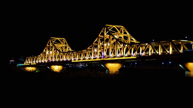 A picture of the New and Namji Bridge at night over the Nakdong River in Namji Town, Changnyeong County.