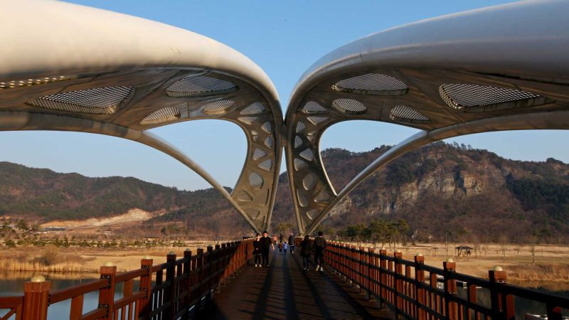 A picture of Gyeongcheon Bridge leading to Gyeongcheon Island Park near Sangju City, South Korea.