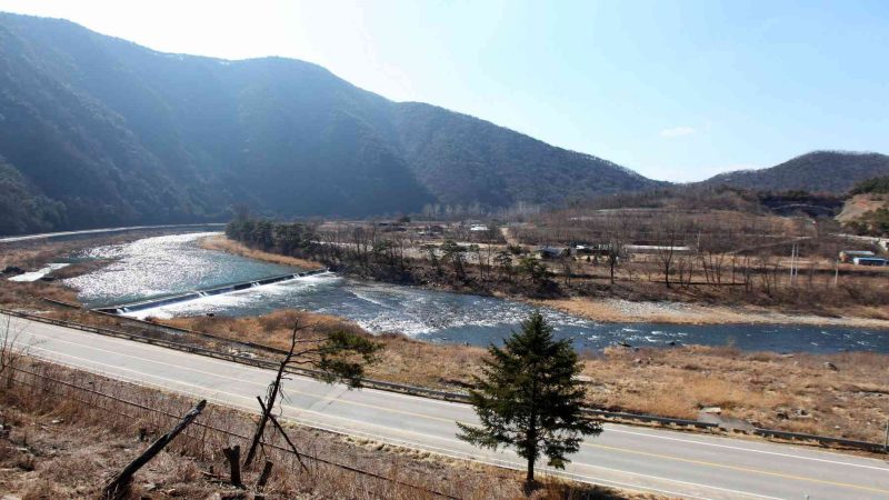 A picture of the Jinnamgyoban Area (진남교반) in Mungyeong City, South Korea along the Saejae Bicycle Path.