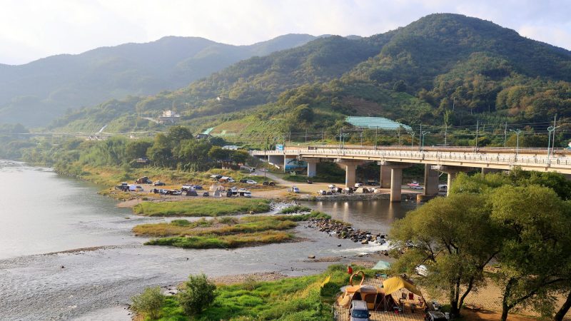 A campsite on the Seomjin River in South Korea.