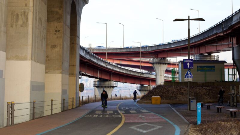 The infrastructure that flows above the bicycle paths bring a sense of awe and beauty to your ride.
