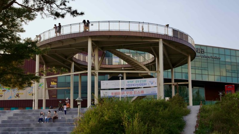 Circular observation deck at Yeongsangang River Culture Pavilion offers panoramic views.